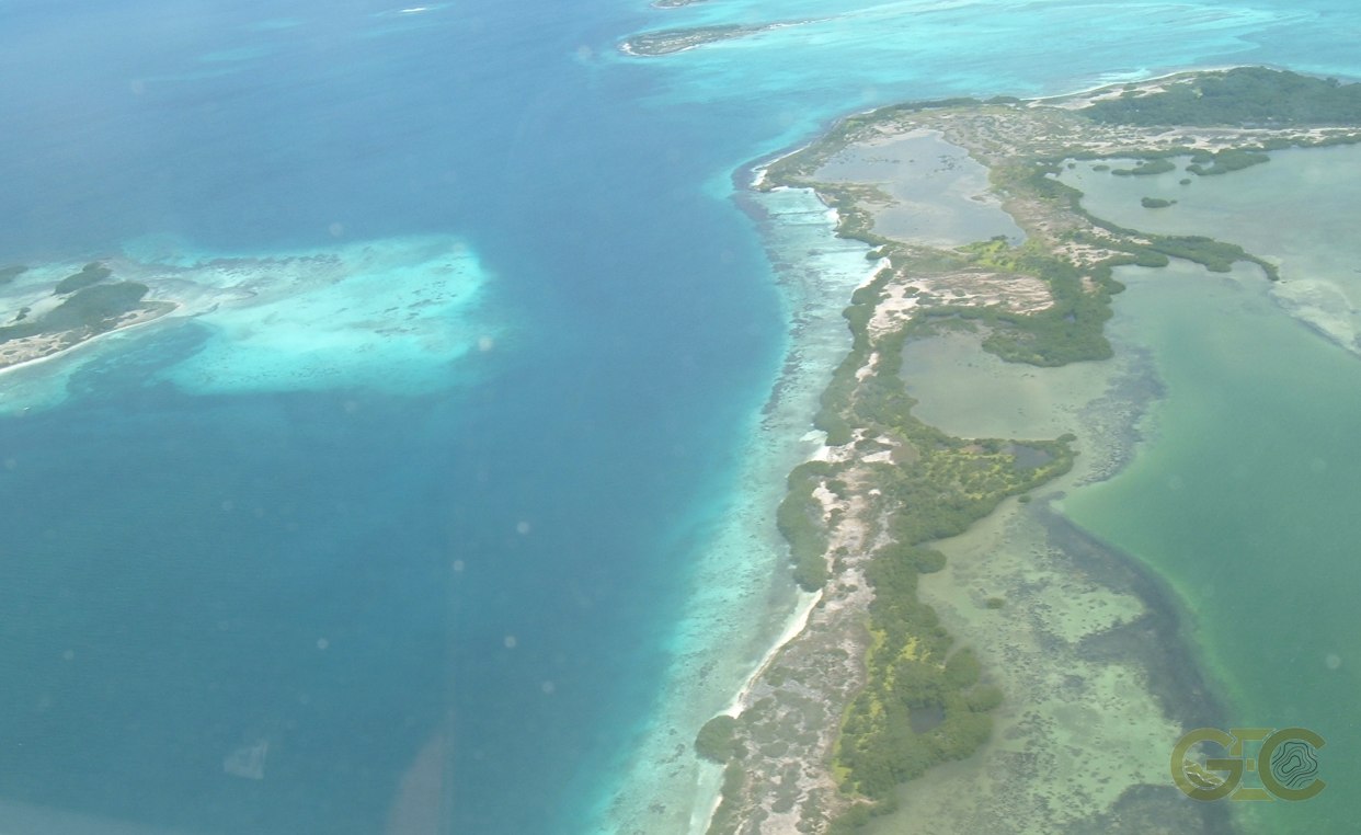 Aerial view of a Caribbean coastline and reef