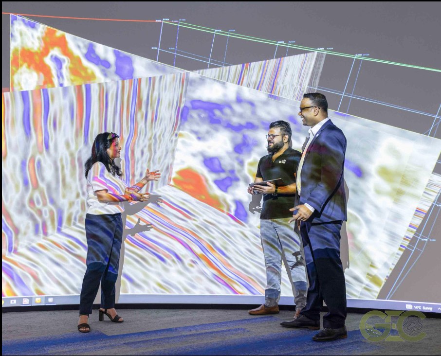 Team reviewing an immersive 3D seismic visualization