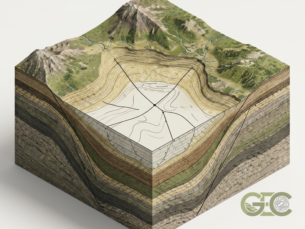 Isometric diagram of subsurface geological layers used for exploration and basin analysis