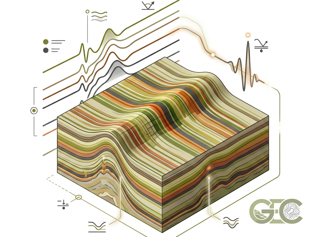 Isometric diagram of seismic-stratigraphic layers with waveform traces