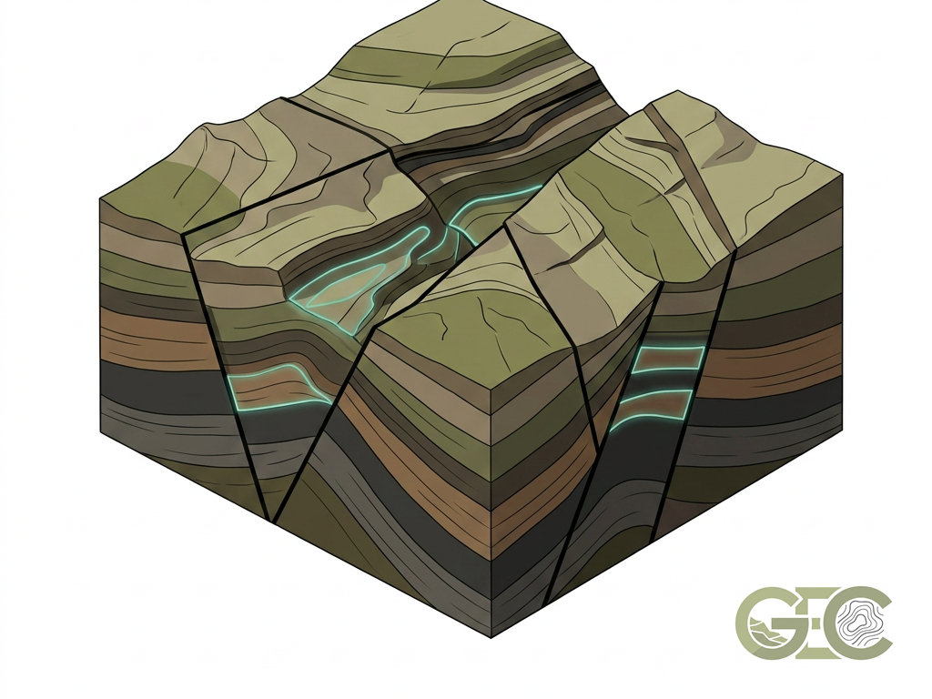 Isometric diagram of faulted, folded rock structure used for structural interpretation