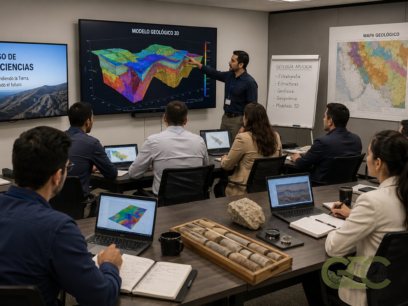 Geoscience team training session reviewing a 3D geological model